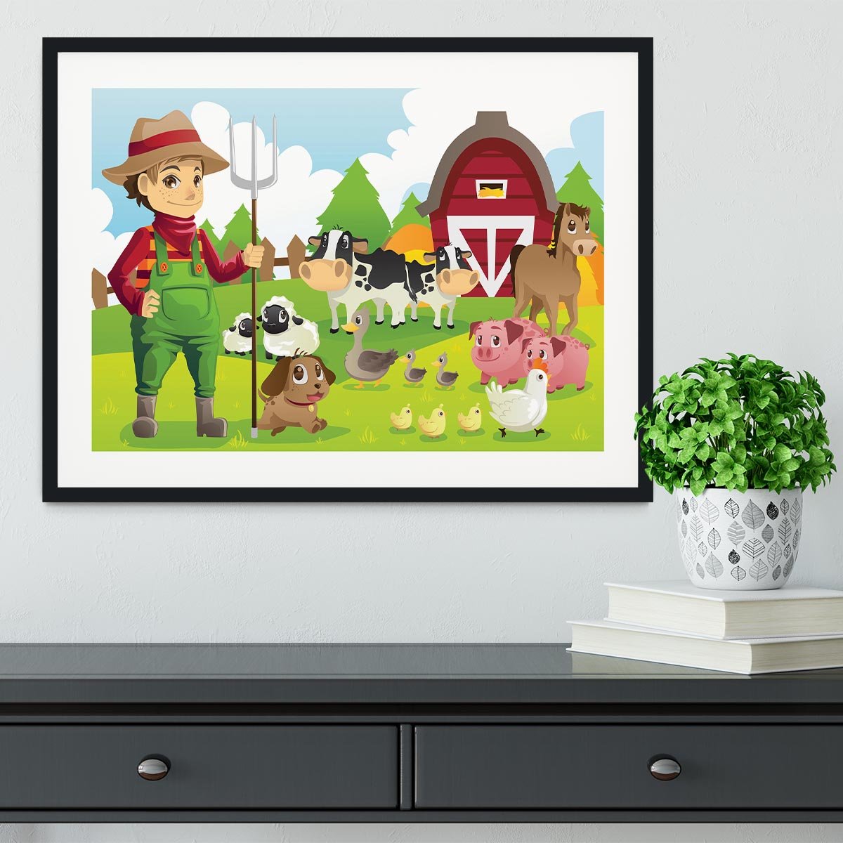 farmer at his farm with a bunch of farm animals Framed Print - Canvas Art Rocks - 1