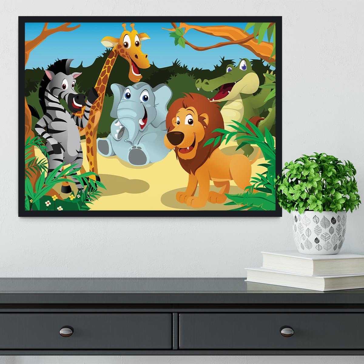 group of wild African animals in the jungle Framed Print - Canvas Art Rocks - 2