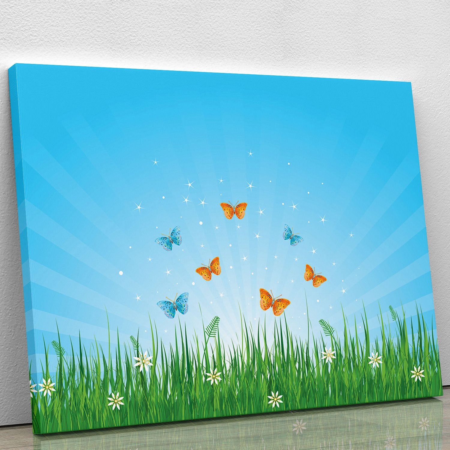 illustration of grassy field and butterflies Canvas Print or Poster