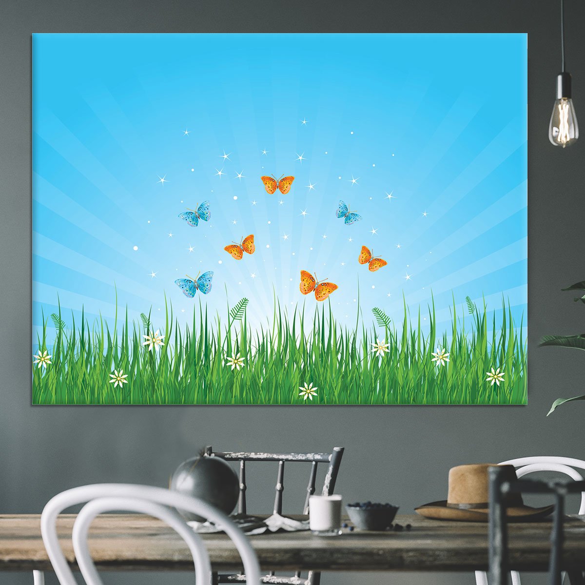 illustration of grassy field and butterflies Canvas Print or Poster