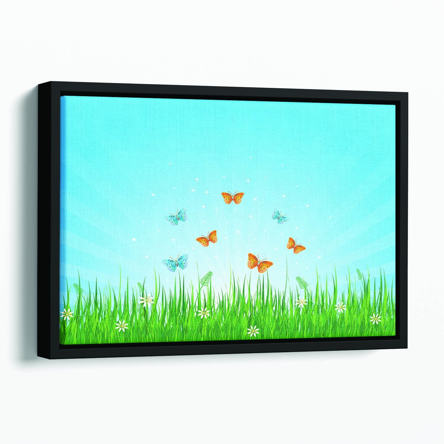 illustration of grassy field and butterflies Floating Framed Canvas