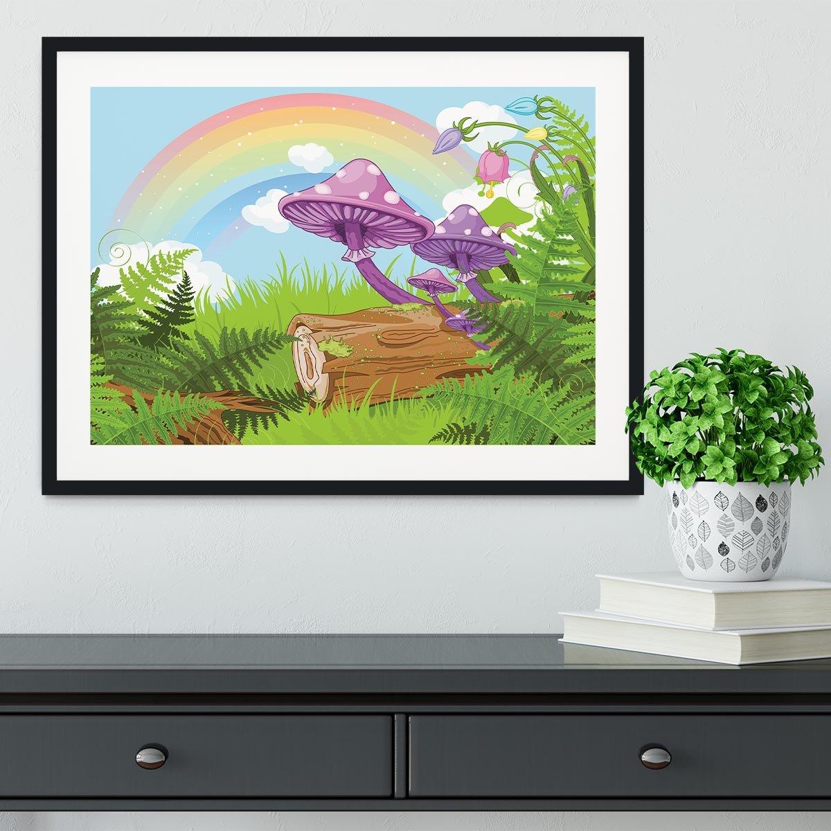 landscape with mushrooms and flowers Framed Print - Canvas Art Rocks - 1