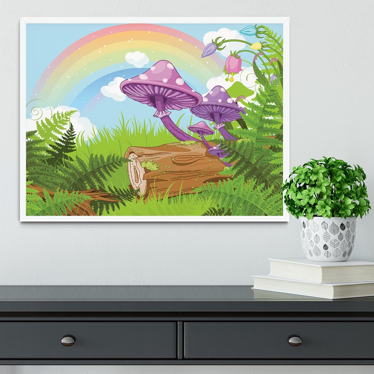 landscape with mushrooms and flowers Framed Print - Canvas Art Rocks -6