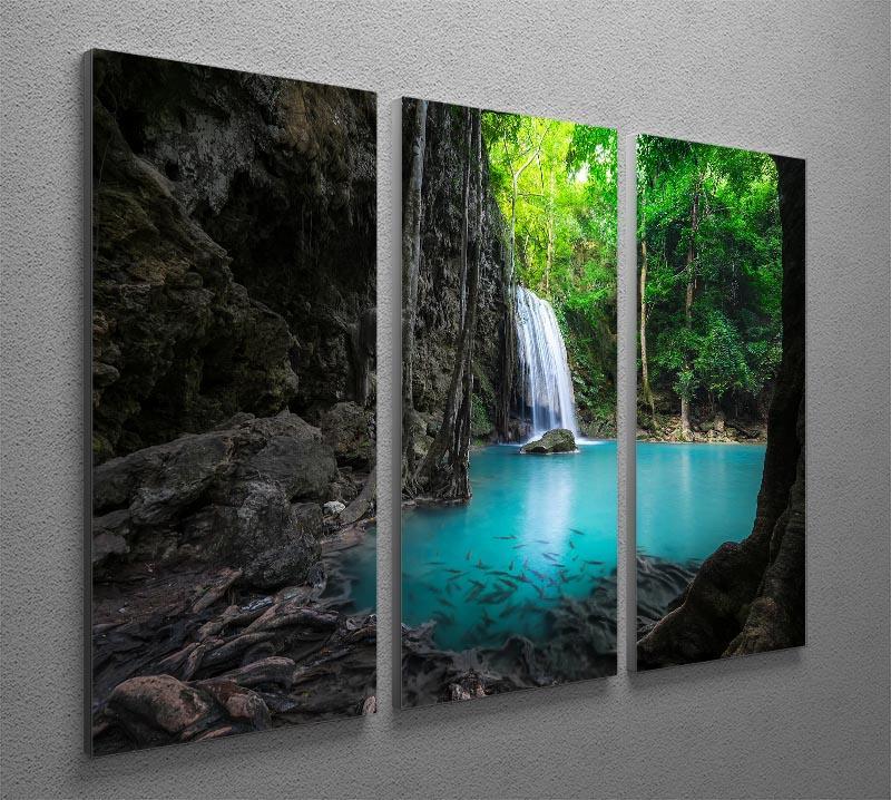 lowing turquoise water of Erawan cascade 3 Split Panel Canvas Print - Canvas Art Rocks - 2