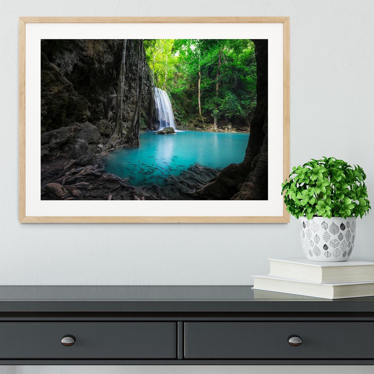lowing turquoise water of Erawan cascade Framed Print - Canvas Art Rocks - 3