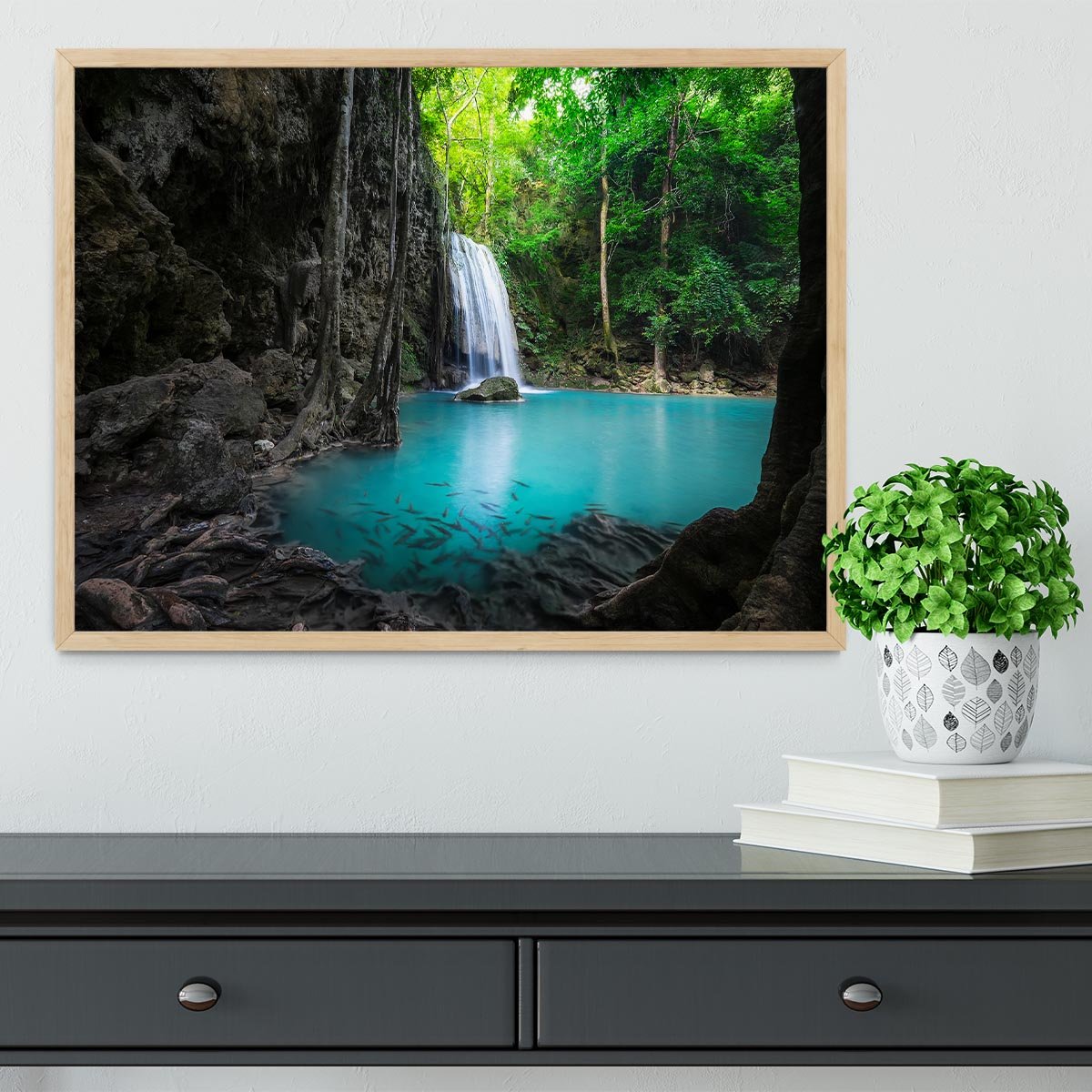 lowing turquoise water of Erawan cascade Framed Print - Canvas Art Rocks - 4