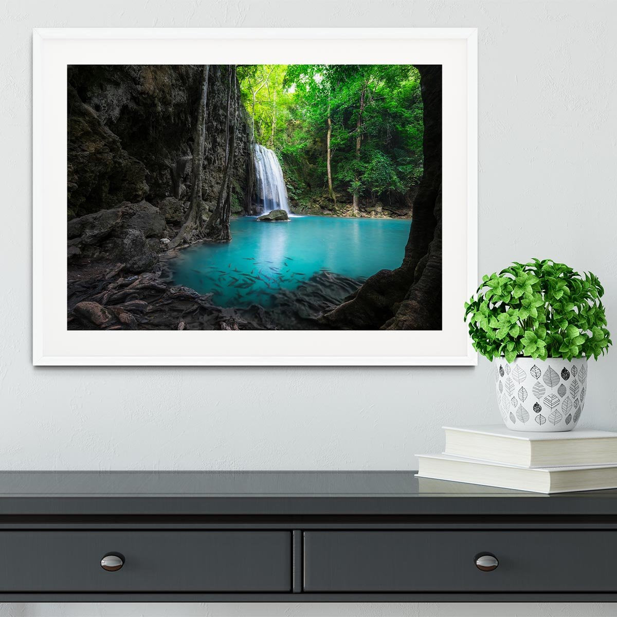 lowing turquoise water of Erawan cascade Framed Print - Canvas Art Rocks - 5