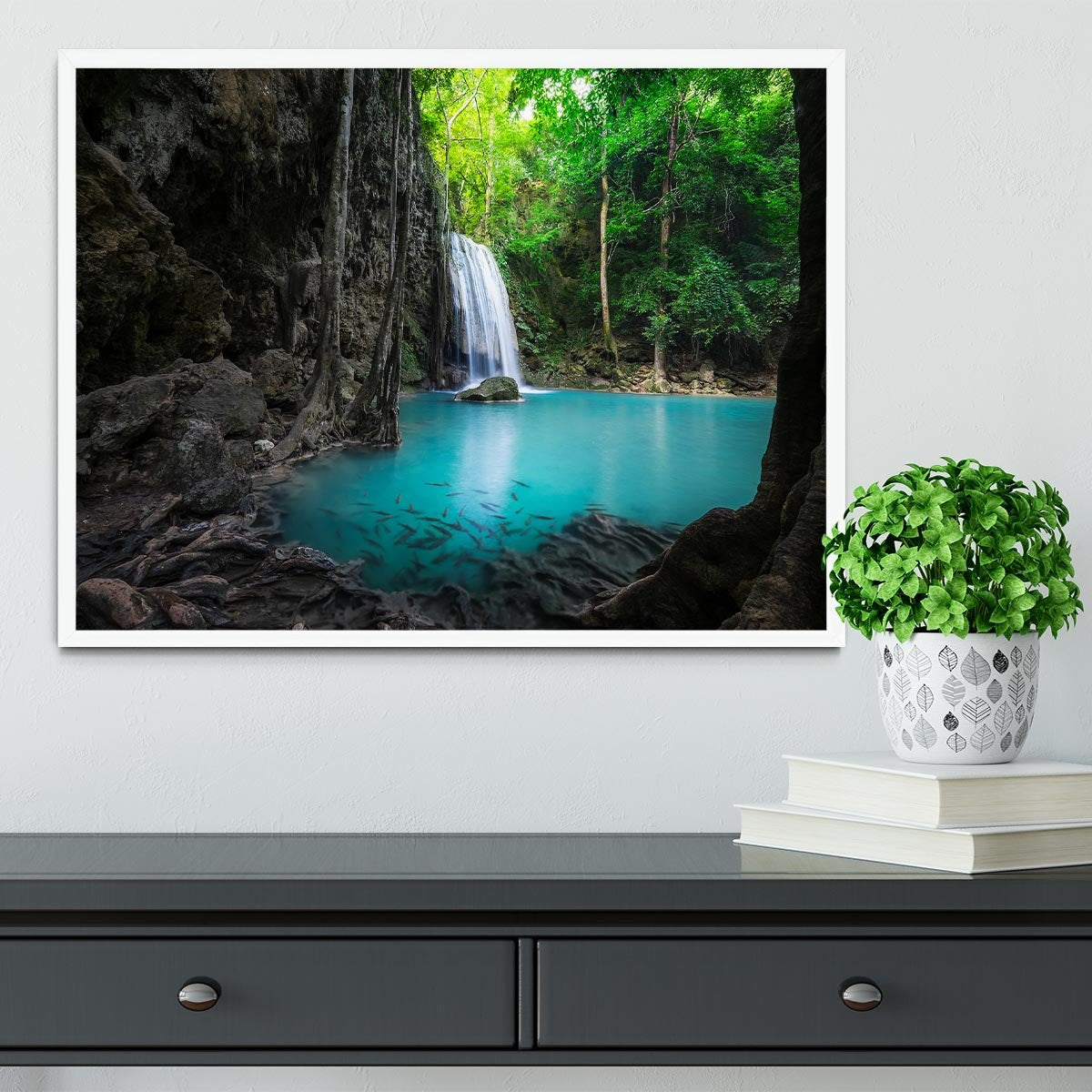lowing turquoise water of Erawan cascade Framed Print - Canvas Art Rocks -6