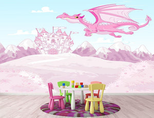 magic dragon on princess castle Wall Mural Wallpaper - Canvas Art Rocks - 2