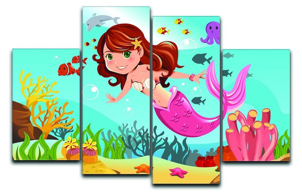 mermaid swimming underwater in the ocean 4 Split Panel Canvas  - Canvas Art Rocks - 1
