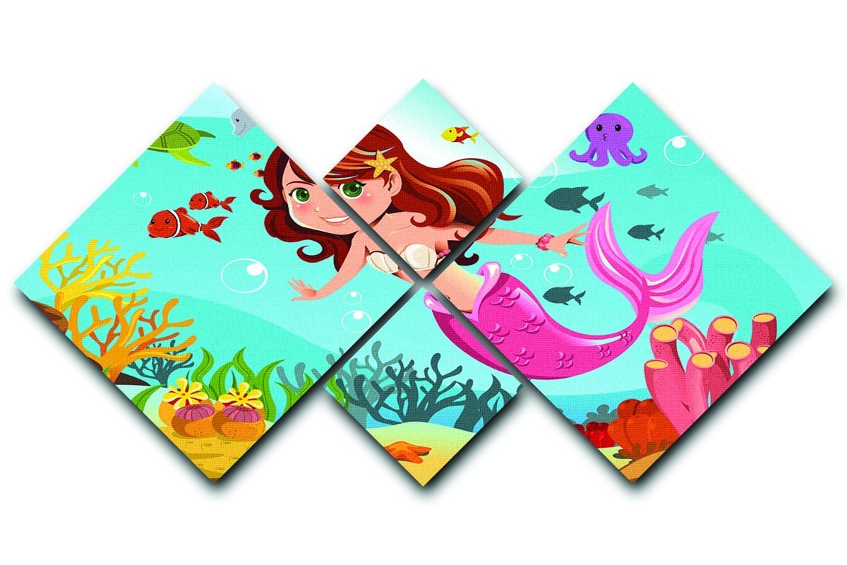 mermaid swimming underwater in the ocean 4 Square Multi Panel Canvas  - Canvas Art Rocks - 1