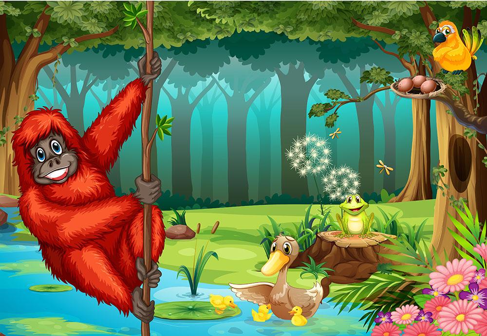 orangutan swinging in the jungle Wall Mural Wallpaper - Canvas Art Rocks - 1