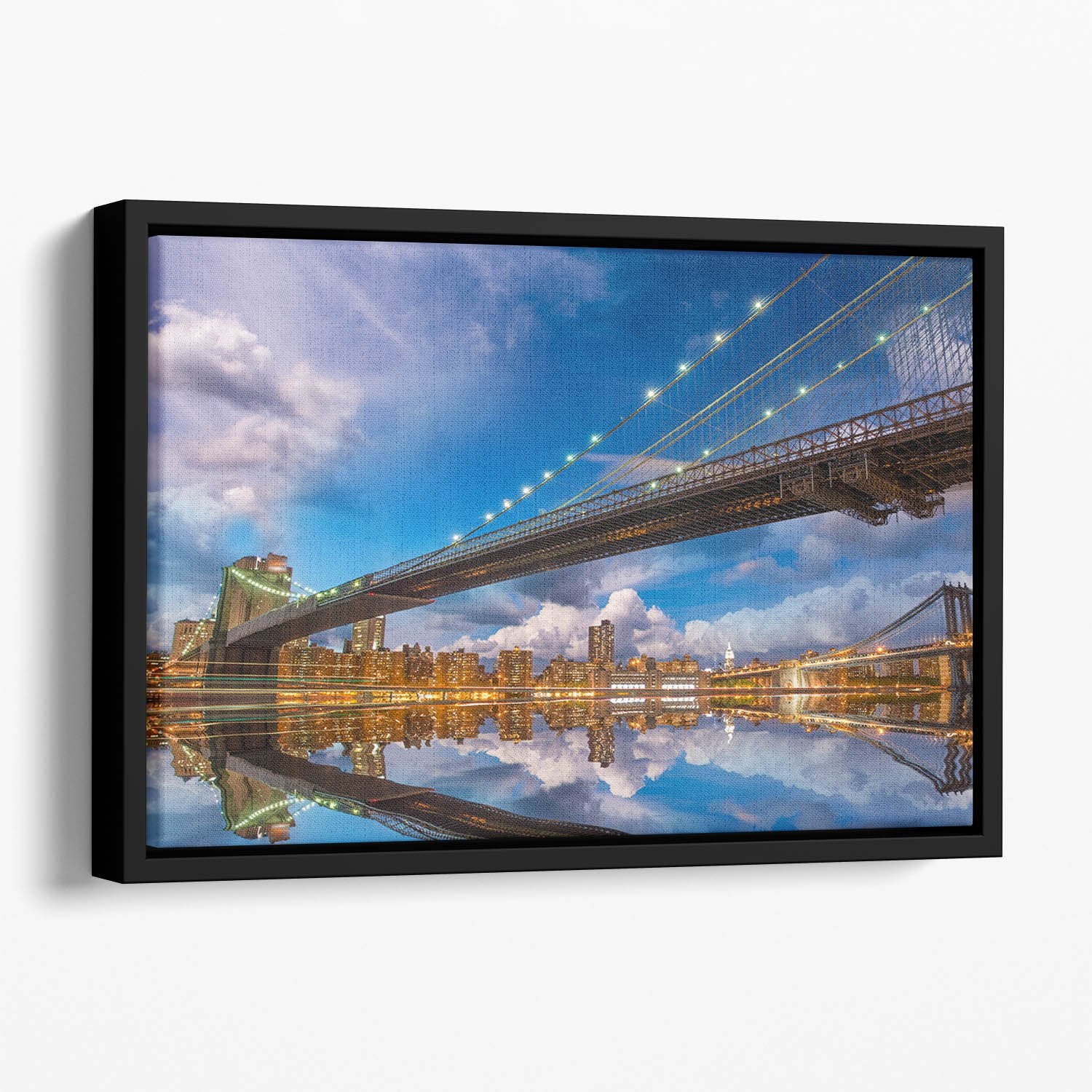 panoramic sunset with Brooklyn and Manhattan Bridge Floating Framed Canvas