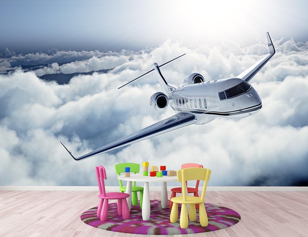 private jet flying over the earth Wall Mural Wallpaper - Canvas Art Rocks - 3