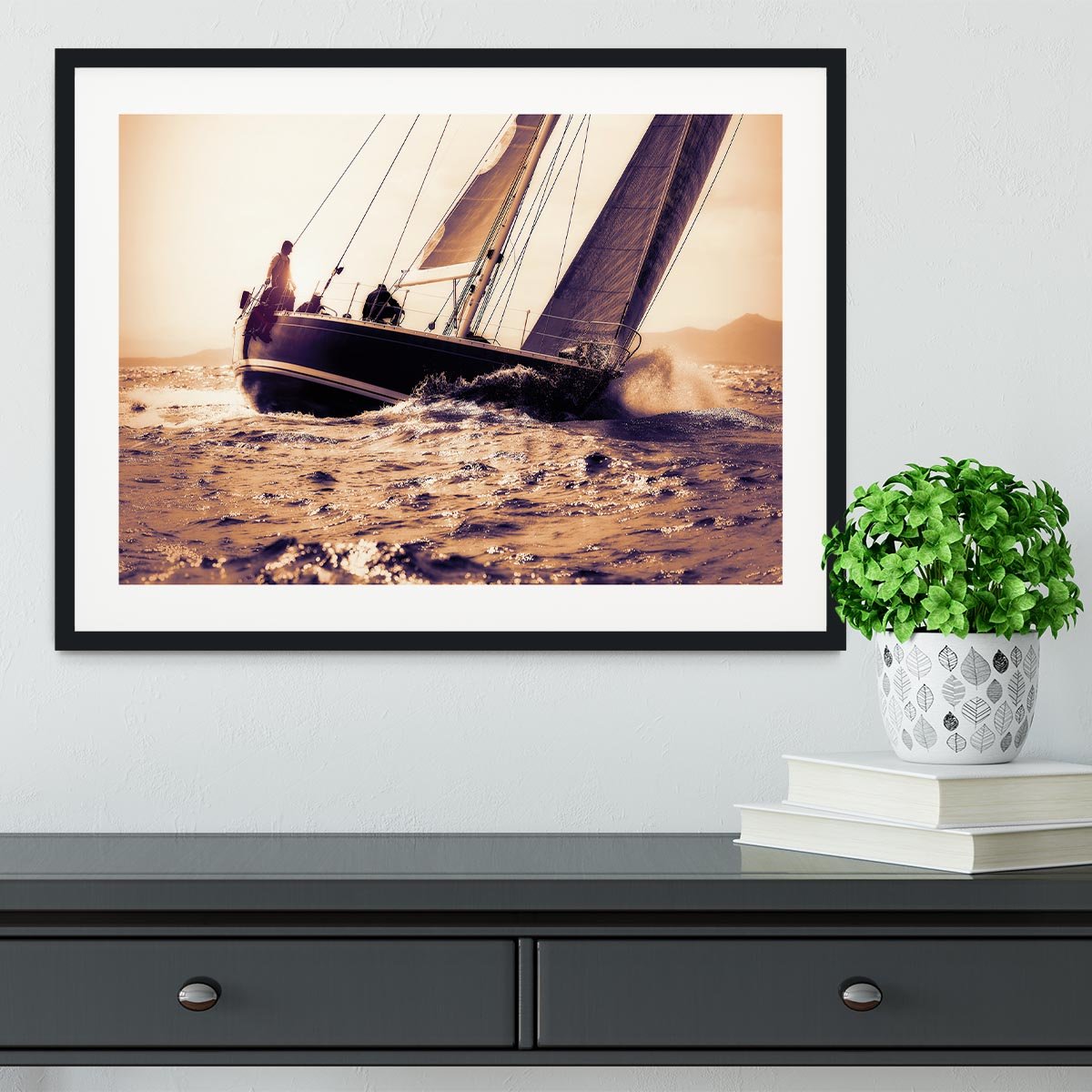 sail boat sailing on sunset Framed Print - Canvas Art Rocks - 1