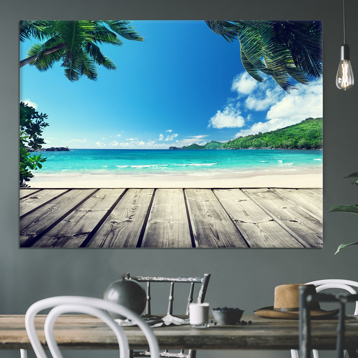 seychelles beach and wooden pier Canvas Print or Poster