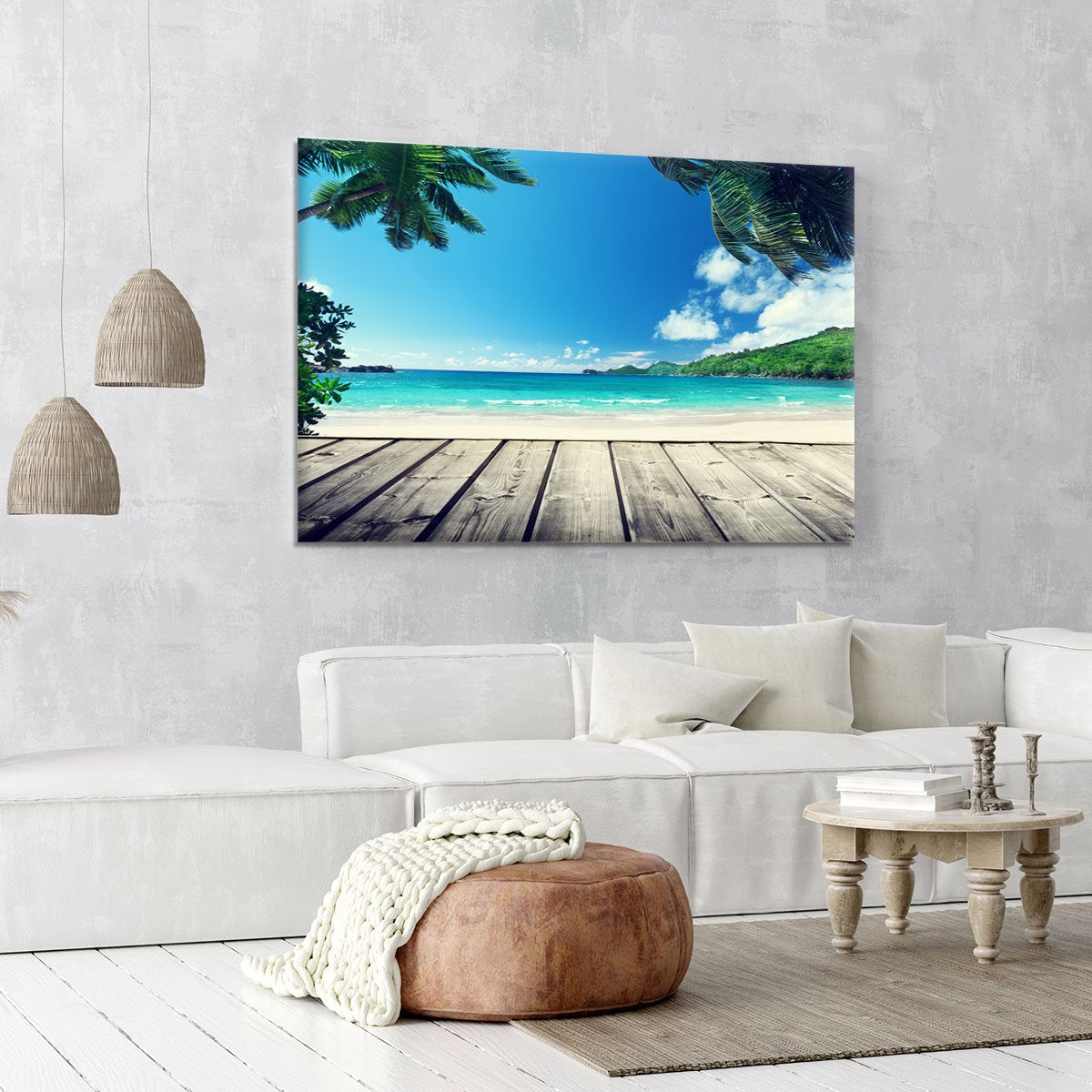 seychelles beach and wooden pier Canvas Print or Poster