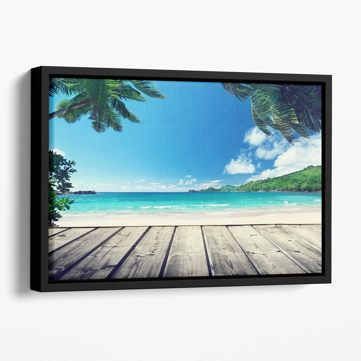 seychelles beach and wooden pier Floating Framed Canvas