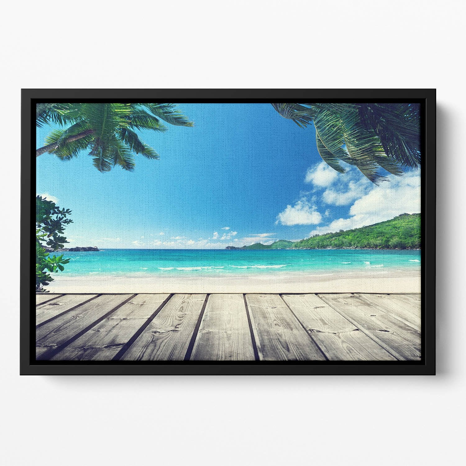 seychelles beach and wooden pier Floating Framed Canvas