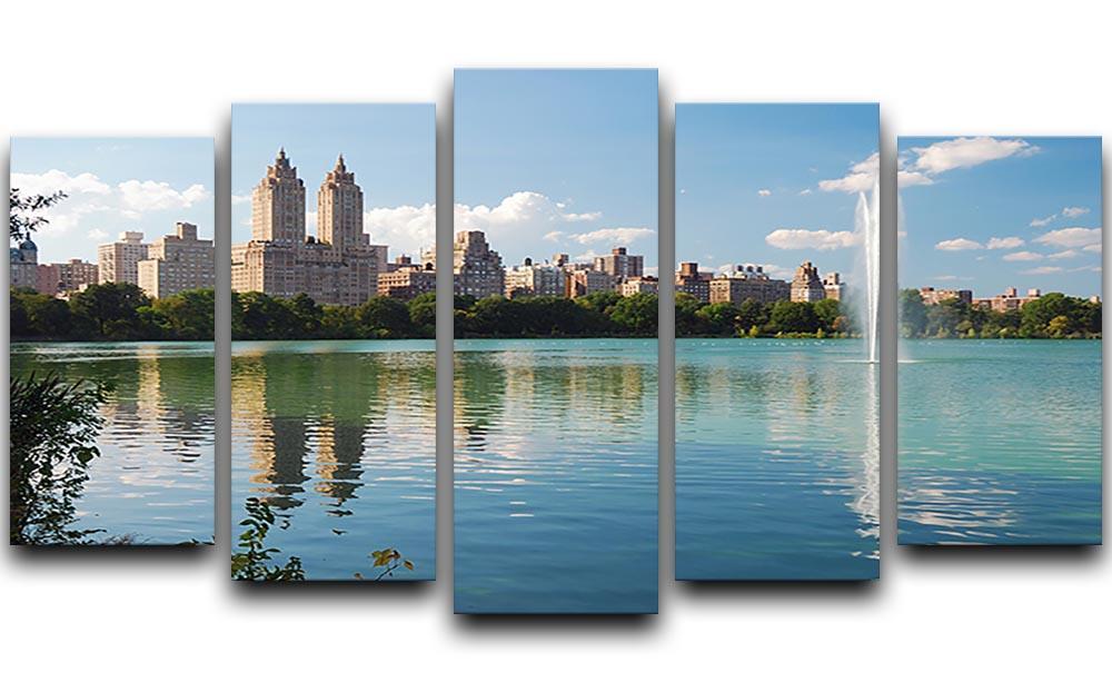 skyline with skyscrapers and trees lake reflection 5 Split Panel Canvas  - Canvas Art Rocks - 1