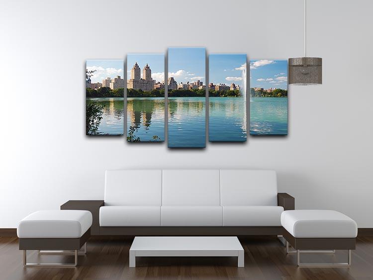 skyline with skyscrapers and trees lake reflection 5 Split Panel Canvas  - Canvas Art Rocks - 3