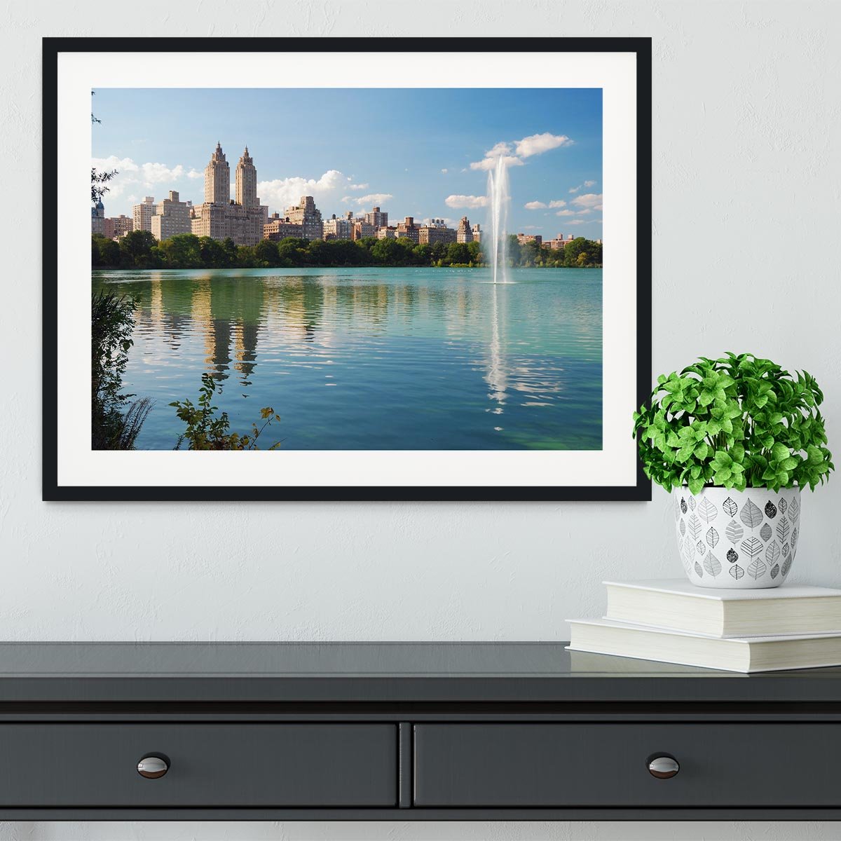 skyline with skyscrapers and trees lake reflection Framed Print - Canvas Art Rocks - 1