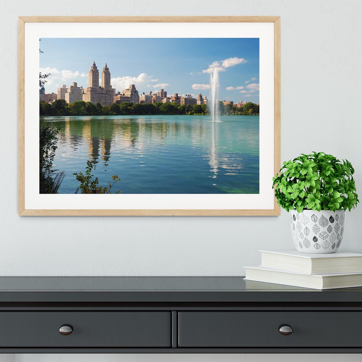 skyline with skyscrapers and trees lake reflection Framed Print - Canvas Art Rocks - 3