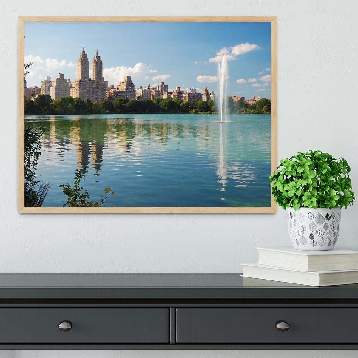 skyline with skyscrapers and trees lake reflection Framed Print - Canvas Art Rocks - 4