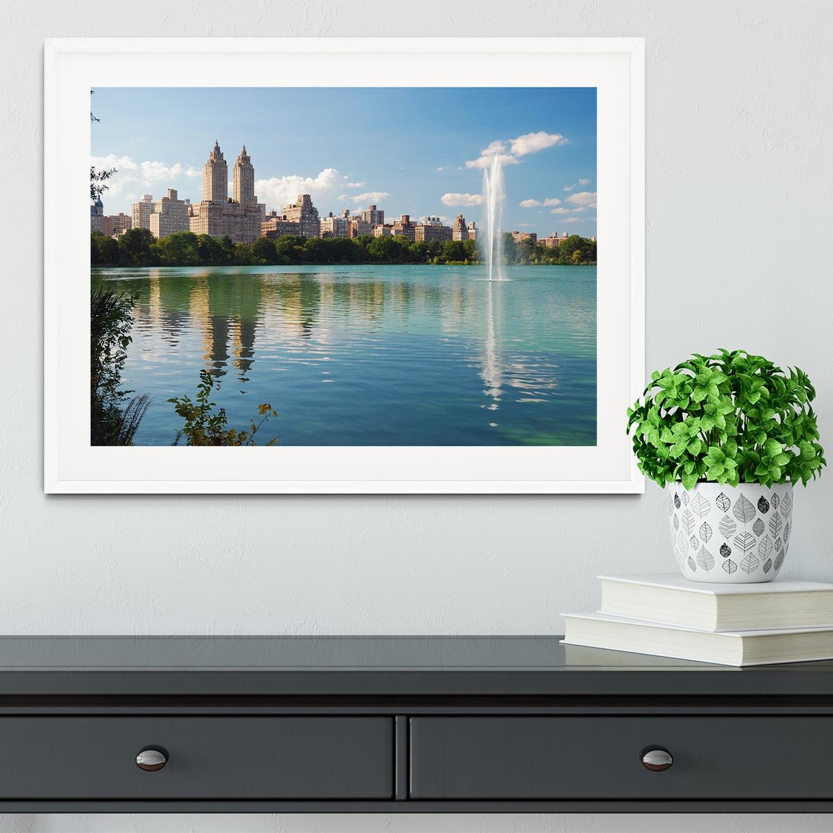 skyline with skyscrapers and trees lake reflection Framed Print - Canvas Art Rocks - 5