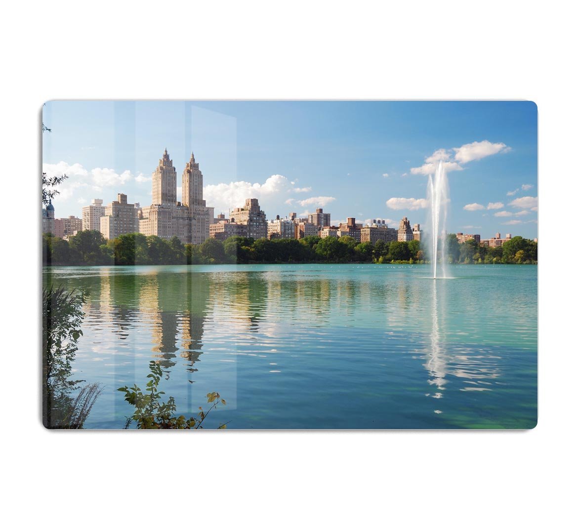 skyline with skyscrapers and trees lake reflection HD Metal Print