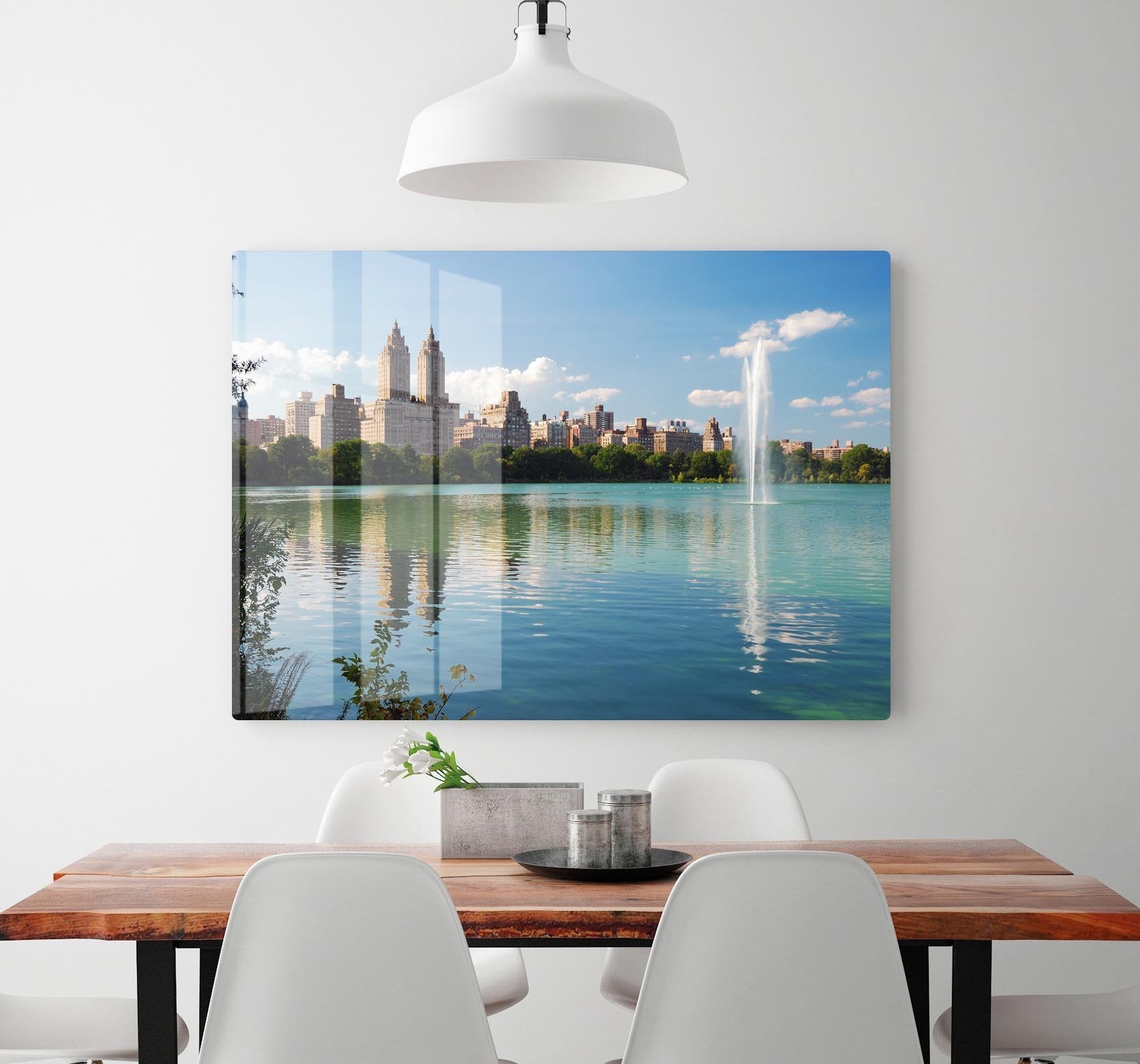 skyline with skyscrapers and trees lake reflection HD Metal Print