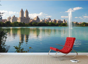 skyline with skyscrapers and trees lake reflection Wall Mural Wallpaper - Canvas Art Rocks - 2