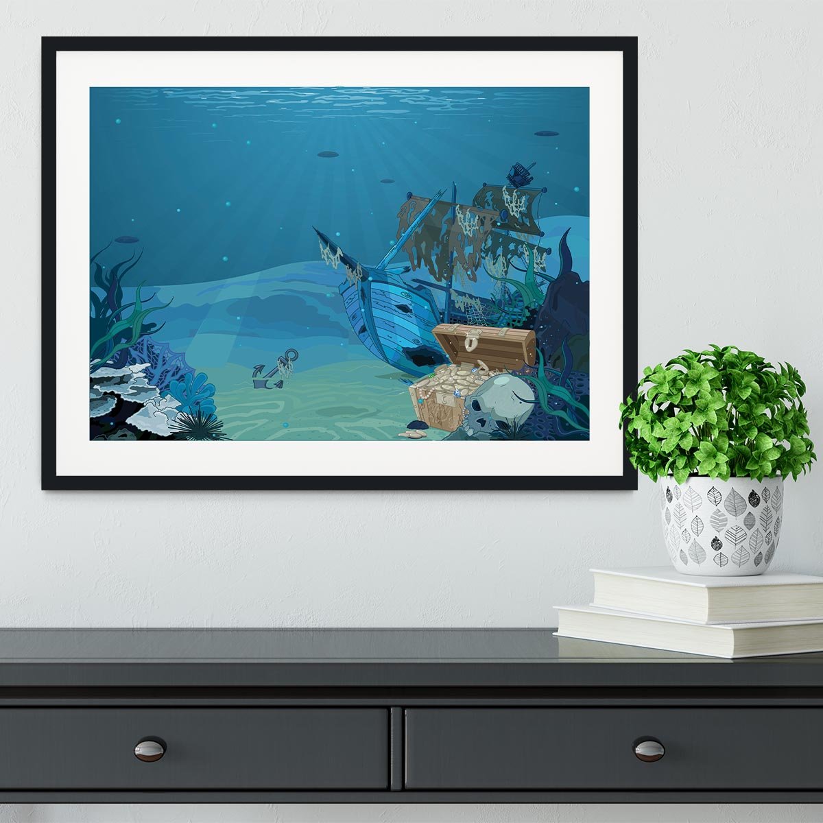 sunken sailboat on seabed background Framed Print - Canvas Art Rocks - 1