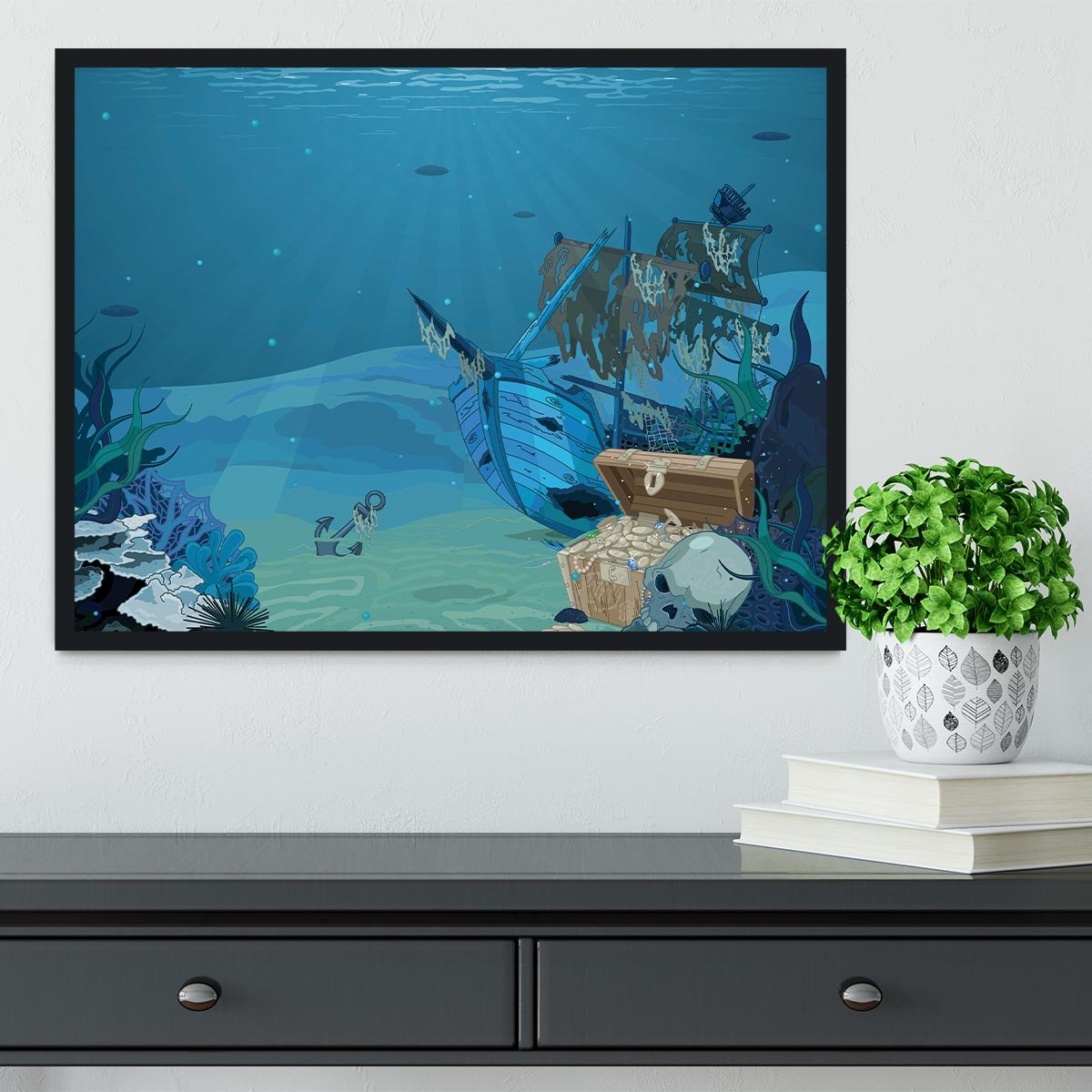 sunken sailboat on seabed background Framed Print - Canvas Art Rocks - 2