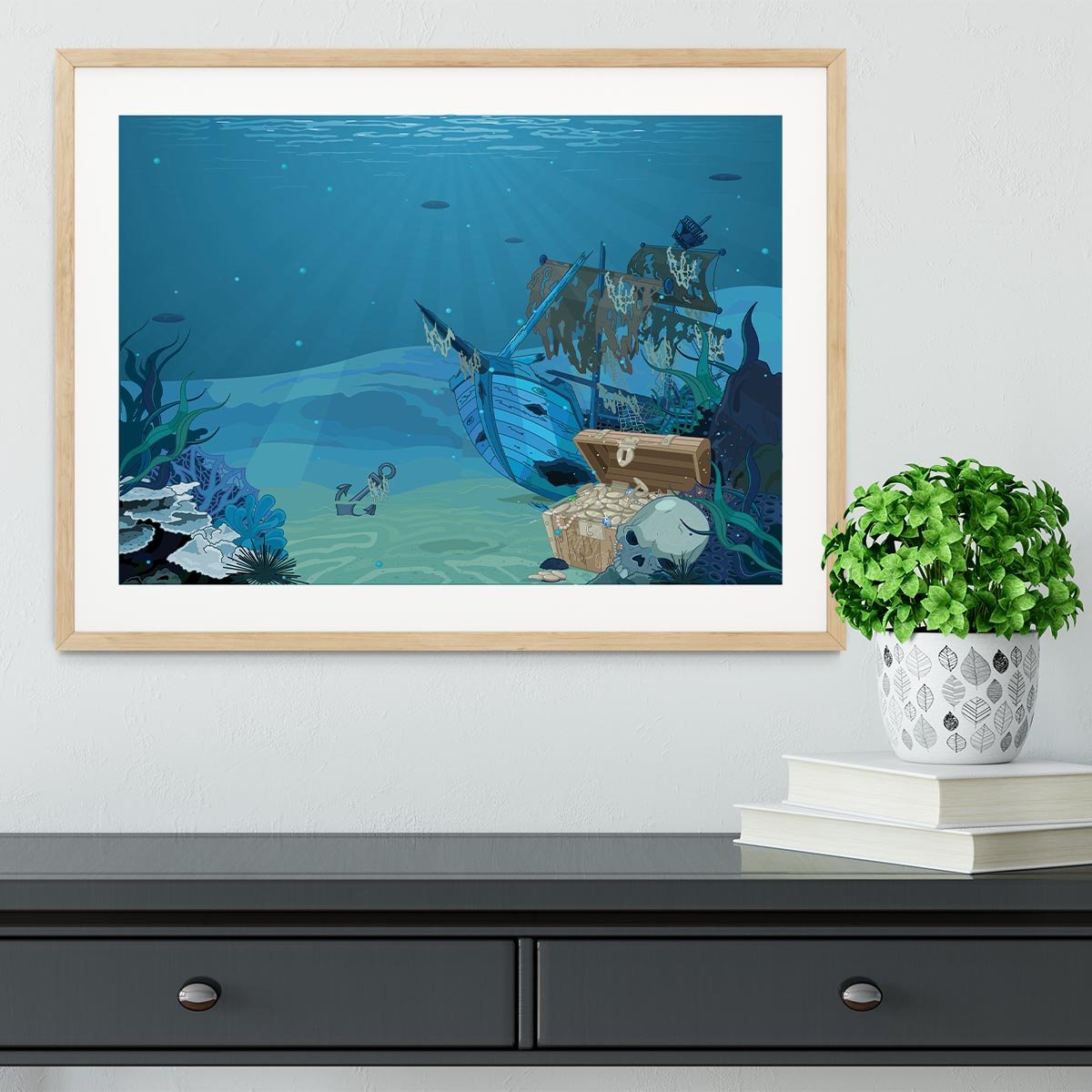 sunken sailboat on seabed background Framed Print - Canvas Art Rocks - 3