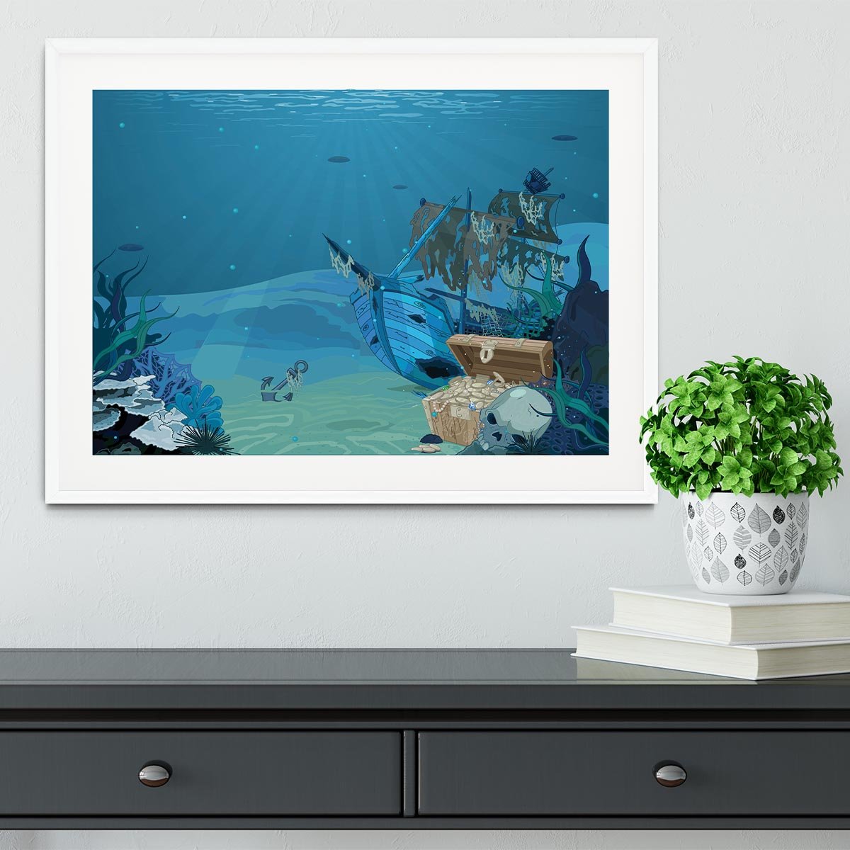 sunken sailboat on seabed background Framed Print - Canvas Art Rocks - 5