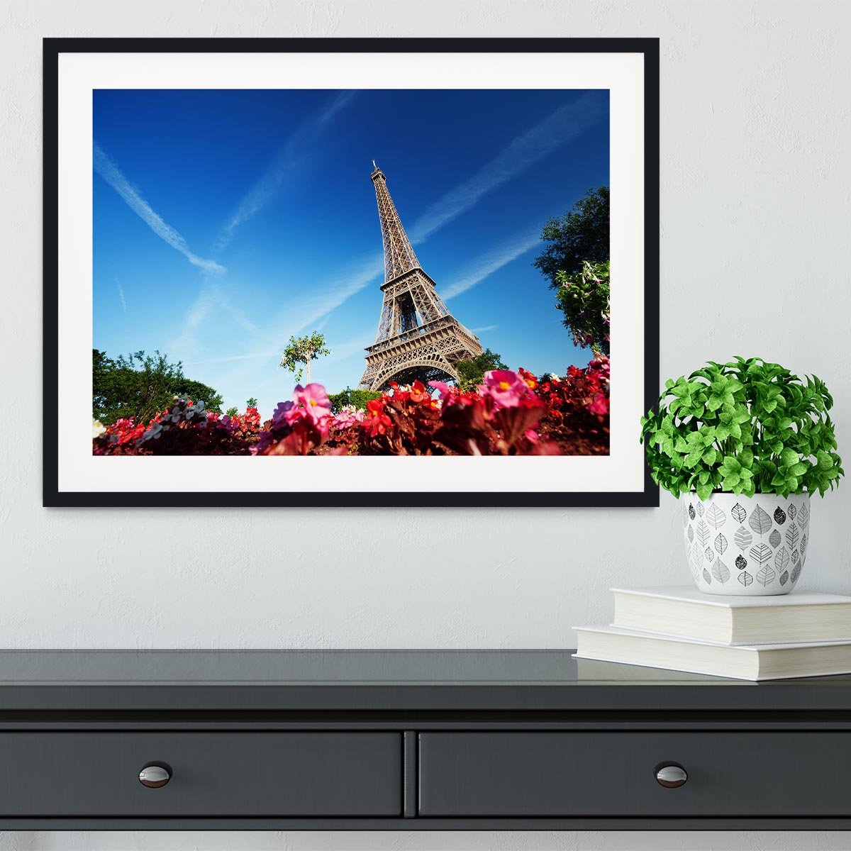 sunny morning flowers and Eiffel Tower Framed Print - Canvas Art Rocks - 1
