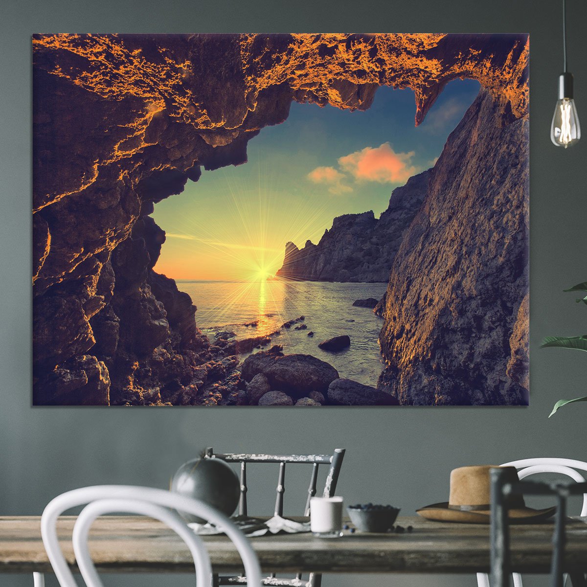 sunset from the mountain cave Canvas Print or Poster