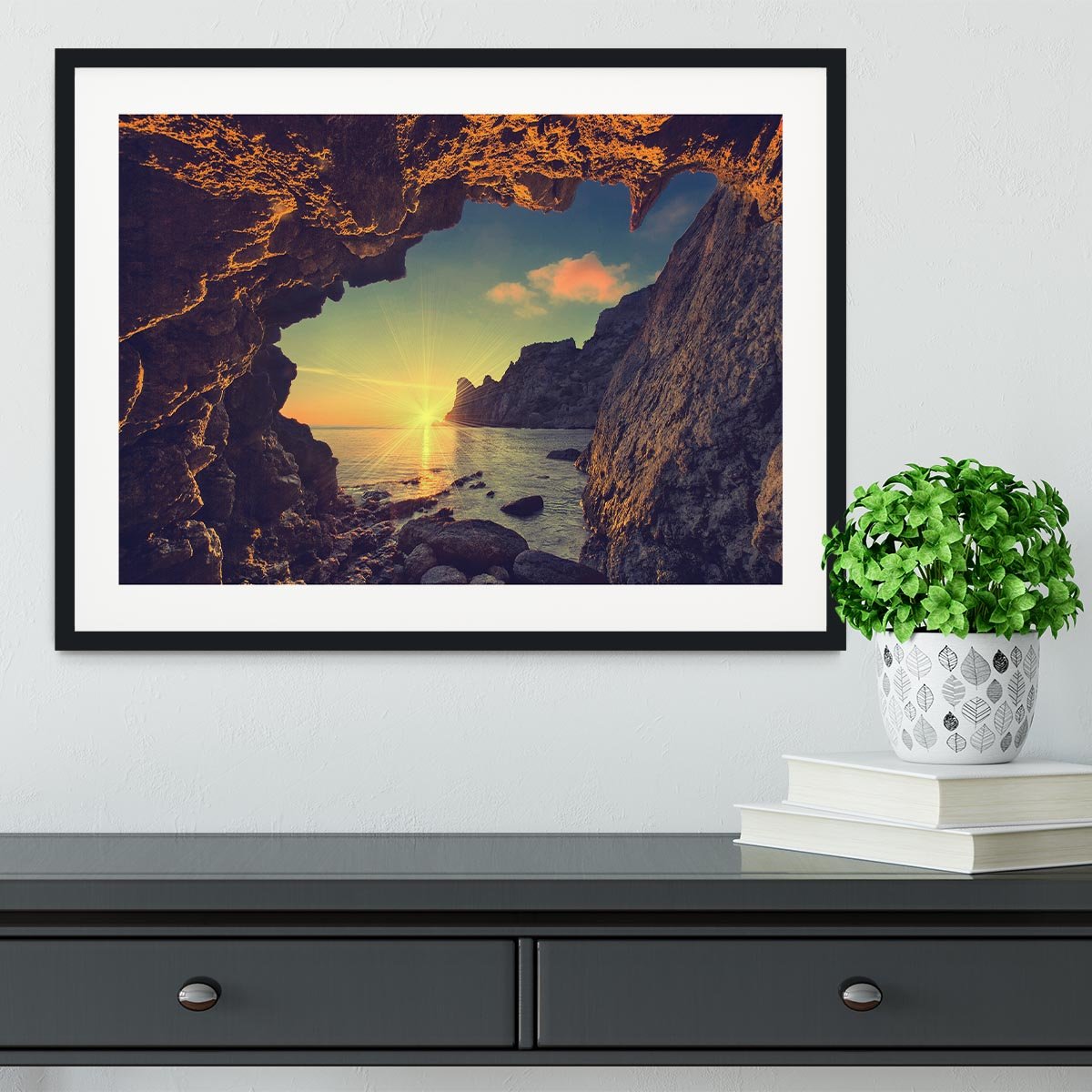 sunset from the mountain cave Framed Print - Canvas Art Rocks - 1