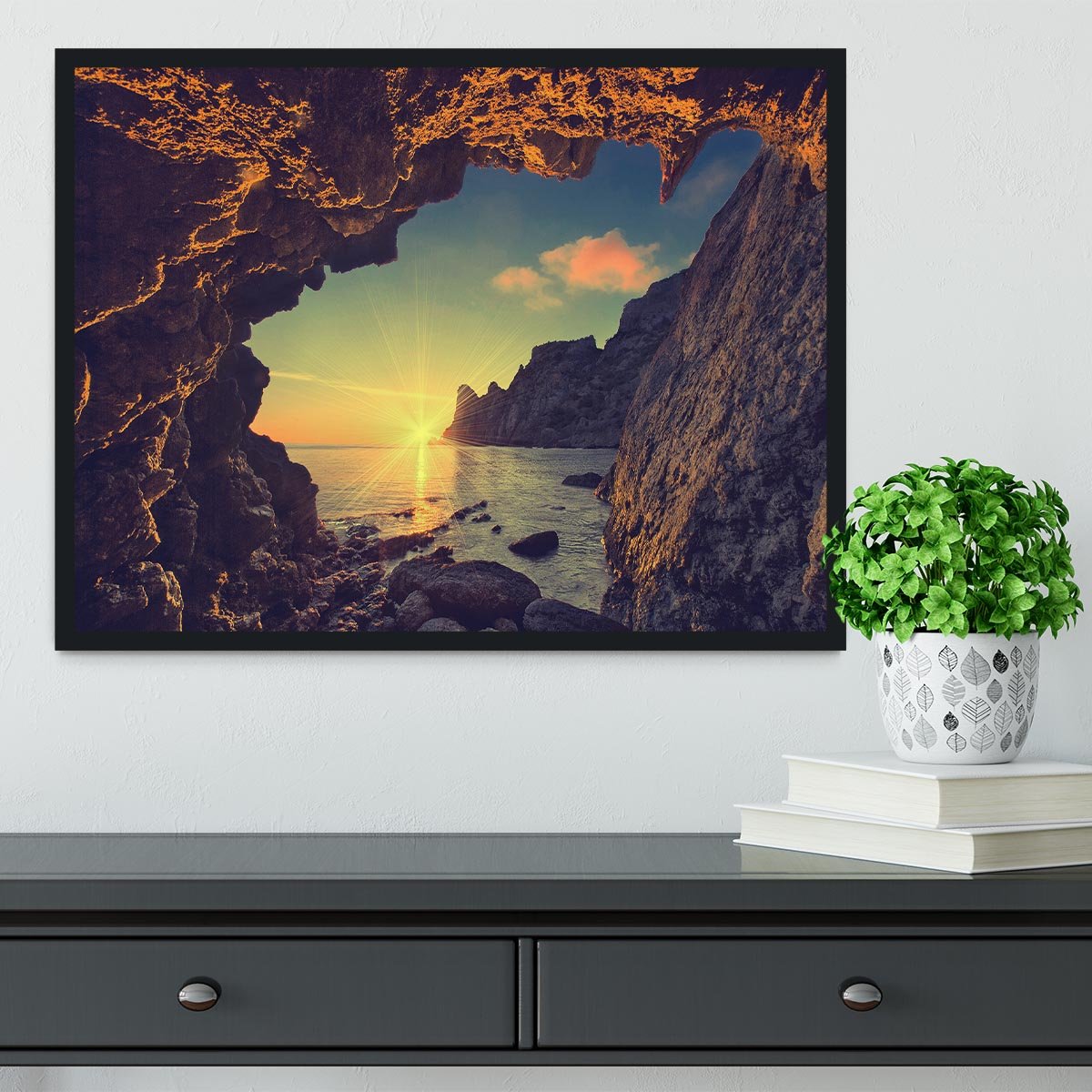 sunset from the mountain cave Framed Print - Canvas Art Rocks - 2