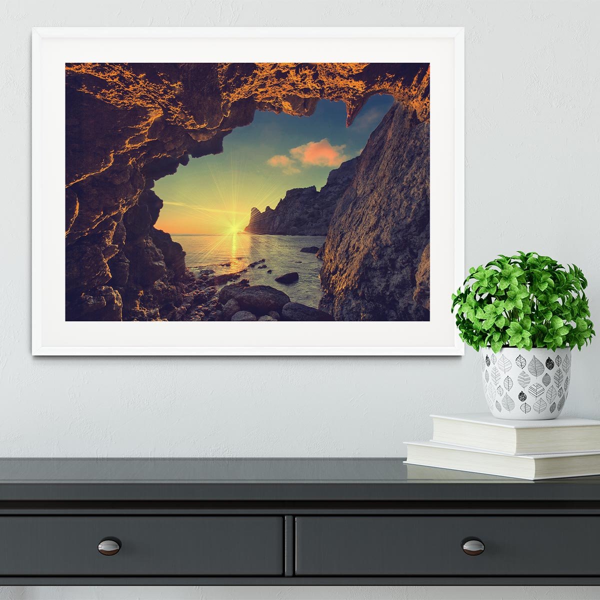 sunset from the mountain cave Framed Print - Canvas Art Rocks - 5