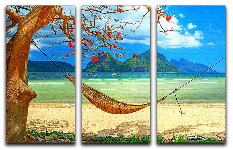 tropical beach scene with hammock 3 Split Panel Canvas Print - Canvas Art Rocks - 1