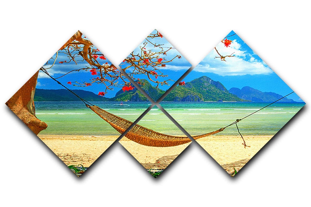 tropical beach scene with hammock 4 Square Multi Panel Canvas - Canvas Art Rocks - 1