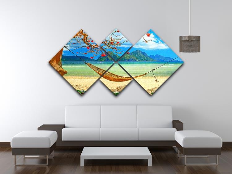 tropical beach scene with hammock 4 Square Multi Panel Canvas - Canvas Art Rocks - 3