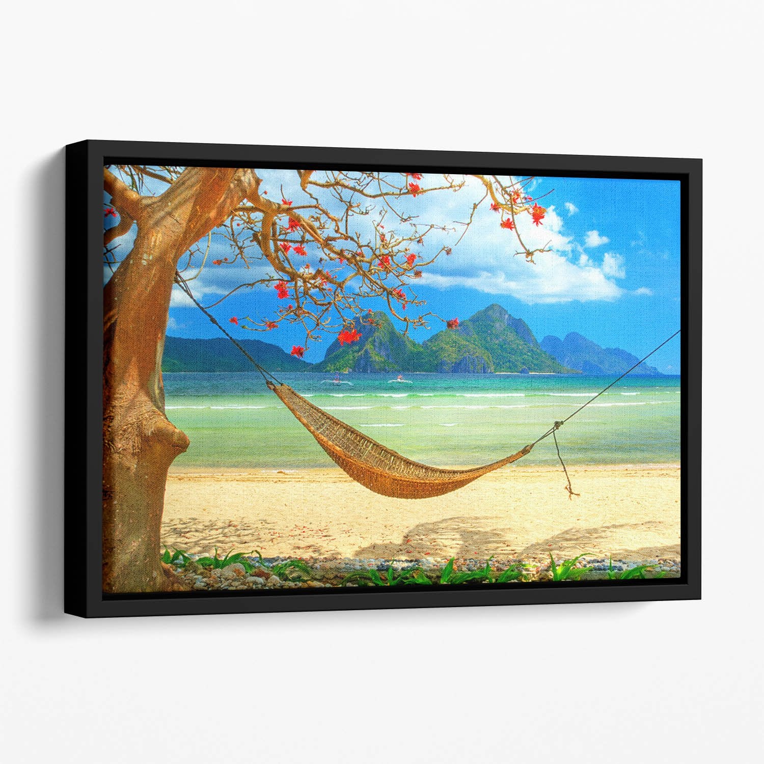 tropical beach scene with hammock Floating Framed Canvas