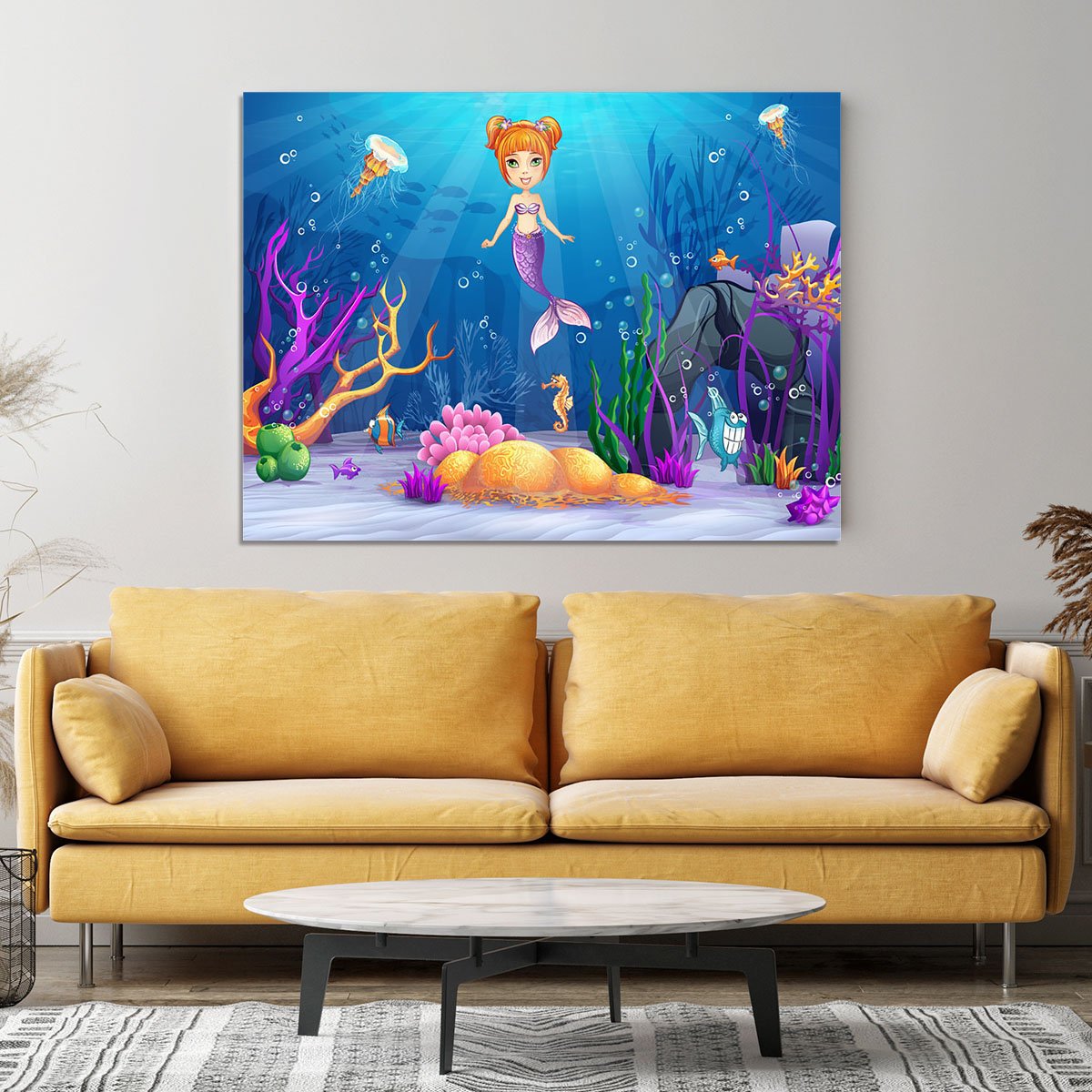 underwater world with a funny fish and a mermaid Canvas Print or Poster