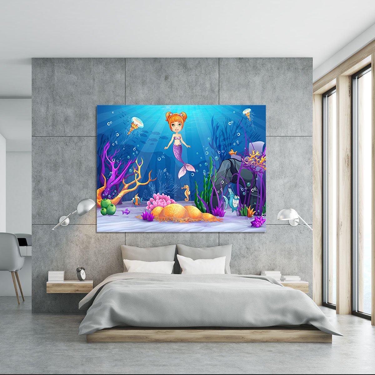 underwater world with a funny fish and a mermaid Canvas Print or Poster