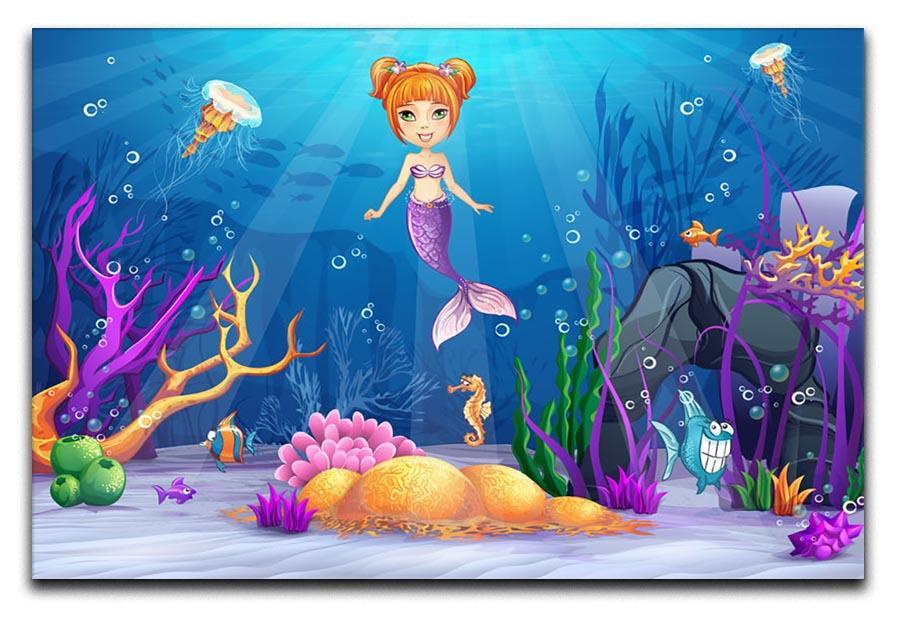 underwater world with a funny fish and a mermaid Canvas Print or Poster  - Canvas Art Rocks - 1