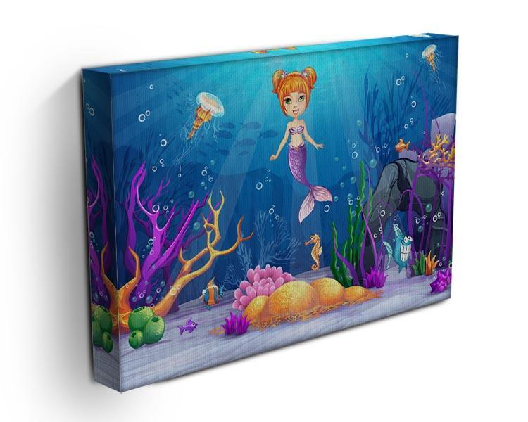 underwater world with a funny fish and a mermaid Canvas Print or Poster - Canvas Art Rocks - 3