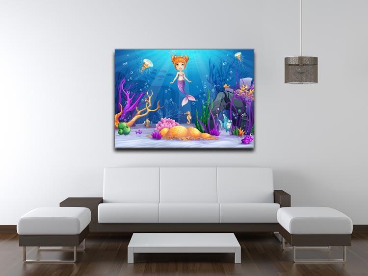underwater world with a funny fish and a mermaid Canvas Print or Poster - Canvas Art Rocks - 4